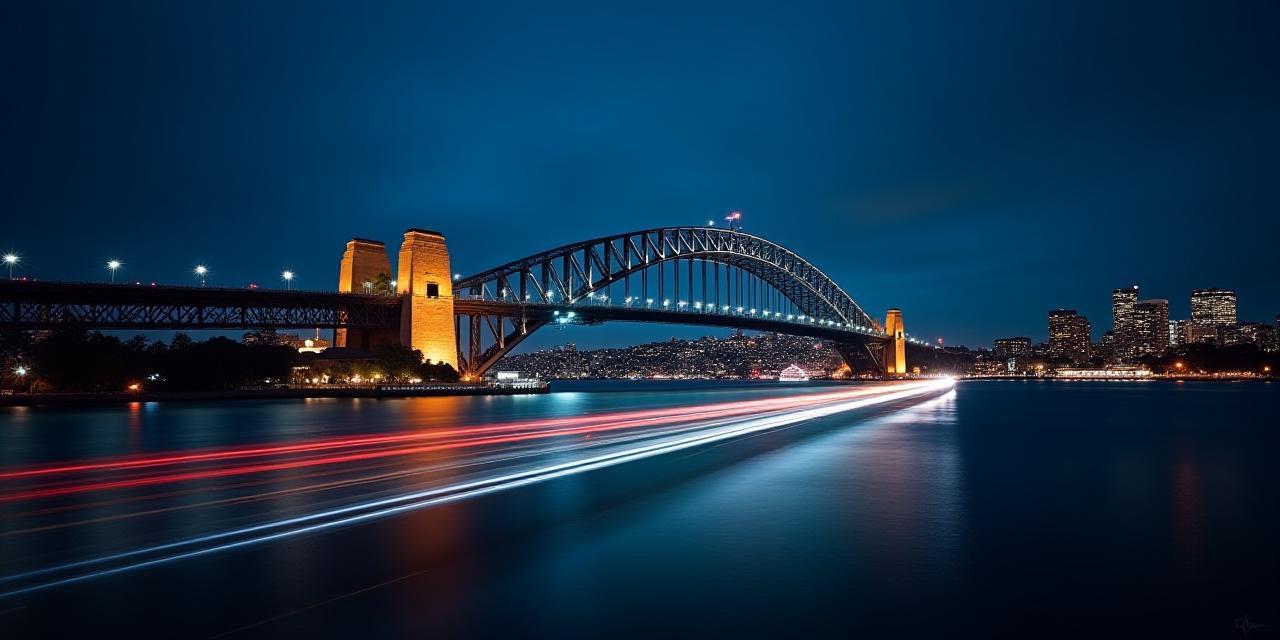 Nightfall over Sydney Harbour Bridge with streaming car lights