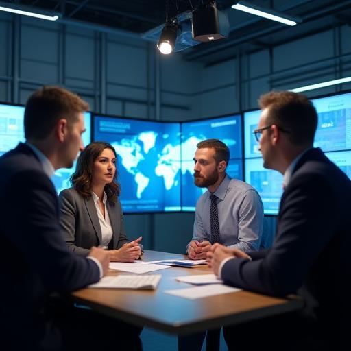 Southern Drive Media journalists discussing around a digital dashboard