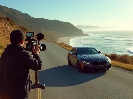 Camera crew filming a car review on coastal road