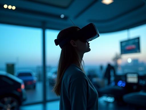 User wearing VR headset exploring a virtual car showroom